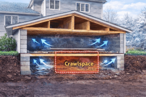 A crawlspace sits beneath the first floor of a home and can allow cold air to affect indoor temperatures if it is not properly insulated.